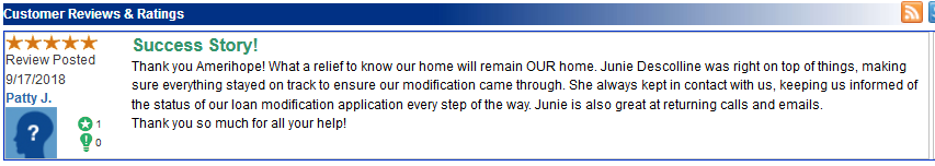 Amerihope Alliance Legal Services has helped more than 7,000 homeowners get a loan modification in the 10 years we've been in business. Many of our satisfied clients have left us reviews online. In September 2018, we received a large number of reviews (all five stars) on a site called TrustLink.