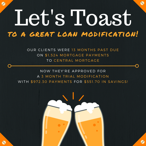 Trial modification payments drop by more than a third, from $1,524 to $972, for our client 13 months past due with Central Mortgage.