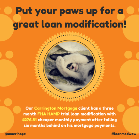 Our Carrington Mortgage client has a three month FHA HAMP trial loan modification with $276.81 cheaper monthly payment after falling six months behind on his mortgage payments.