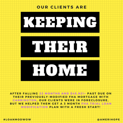 After falling 22 months and $45,921+ past due on their previously-modified FHA mortgage with Carrington, our clients were in foreclosure, but we helped them get a 3 month FHA trial loan modification plan with a fresh start!!