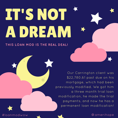 Our Carrington client was $22,780.61 past due on his mortgage, which had been previously modified. We got him a three month trial loan modification, he made the trial payments, and now he has a permanent loan modification!