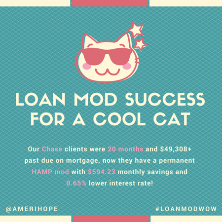 Our Chase clients were 20 months and $49,308+ past due on mortgage, now they have a permanent HAMP loan modification with $594.23 monthly savings and 0.65% lower interest rate! 