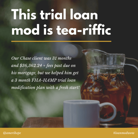 Our Chase client was 31 months and $36,362.24 + fees past due on his mortgage, but we helped him get a 3 month FHA-HAMP trial loan modification plan with a fresh start!