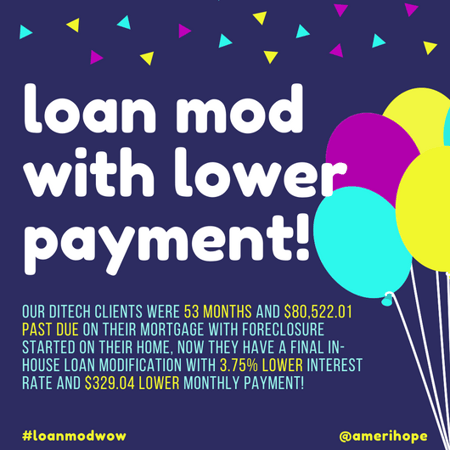 Our Ditech clients were 53 months and $80,522.01 past due on their mortgage with foreclosure started on their home, now they have a final in-house loan modification with 3.75% lower interest rate and $329.04 lower monthly payment! 