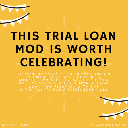 20 months and $15,188.68 past due on her mortgage, which had been modified previously, we helped our HSBC client get a three month trial loan modification with the opportunity for a permanent mod!