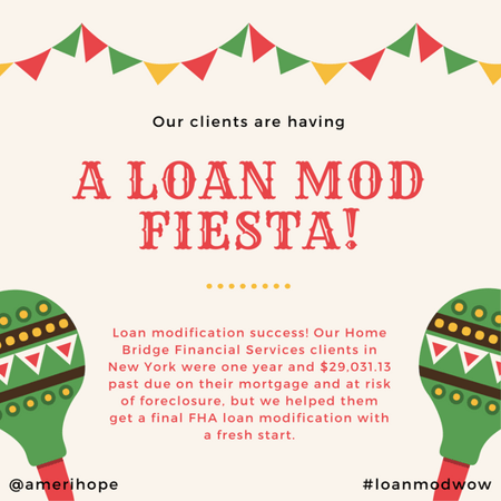 Loan modification success! Our Home Bridge Financial Services clients in New York were one year and $29,031.13 past due on their mortgage and at risk of foreclosure, but we helped them get a final FHA loan modification with a fresh start.