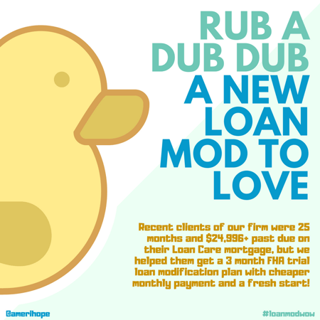 Recent clients of our firm were 25 months and $24,996+ past due on their Loan Care mortgage, but we helped them get a 3 month FHA trial loan modification plan with cheaper monthly payment and a fresh start!