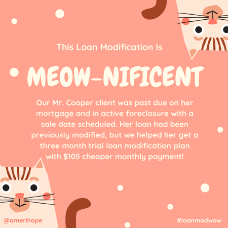 Our Mr. Cooper client was past due on her mortgage and in active foreclosure with a sale date scheduled. Her loan had been previously modified, but we helped her get a three month trial loan modification plan with $105 cheaper monthly payment!