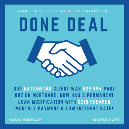 Final in-house loan modification, with $218 cheaper monthly payment and lower interest rate, approved for our Nationstar client who was past due $29,994 on mortgage. 