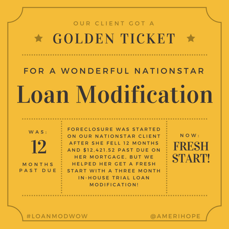 Foreclosure was started on our Nationstar client after she fell 12 months and $12,421.52 past due on her mortgage, but we helped her get a fresh start with a three month in-house trial loan modification! 