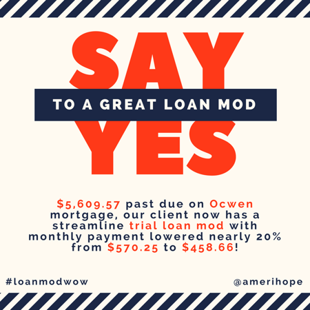 $5,609.57 past due on Ocwen mortgage, our client now has a streamline trial loan modification with monthly payment lowered nearly 20% from $570.25 to $458.66! 