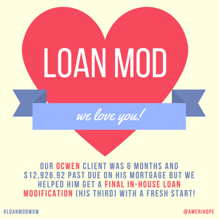Our Ocwen client was 6 months and $12,926.92 past due on his mortgage but we helped him get a final in-house loan modification (his third) with a fresh start!
