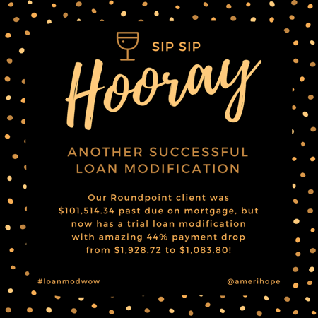 Our Roundpoint client was $101,514.34 past due on mortgage, but now has a trial loan modification with amazing 44% payment drop from $1,928.72 to $1,083.80!