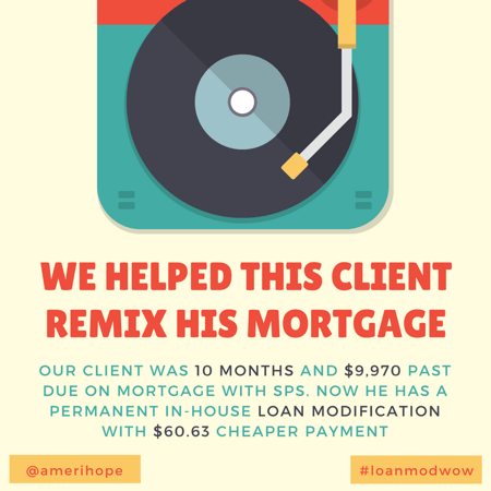 10 months past due on mortgage payments to SPS, our client now has a final in-house loan modification with $60.63 cheaper payment! 