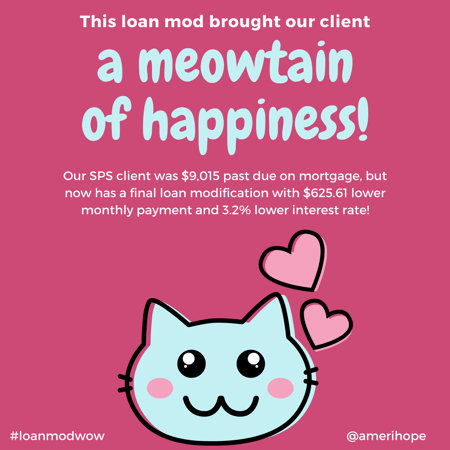Our SPS client was $9,015 past due on mortgage, but now has a final loan modification with $625.61 lower monthly payment and 3.2% lower interest rate!