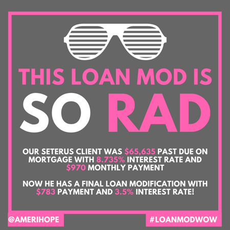 Our Seterus client was $65,635.71 past due on mortgage with $970.91 monthly payment and high 8.25% interest rate. Now they have a final loan modification with $783.70 payment and low 3.5% interest rate for $187.25 savings!