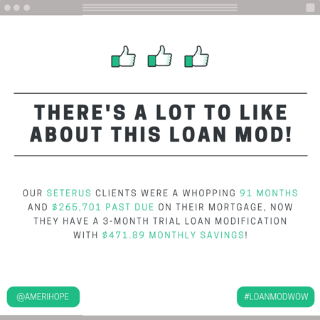 Our Seterus clients were a whopping 91 months and $265,701 past due on their mortgage, now they have a 3-month trial loan modification with $471.89 monthly savings! 