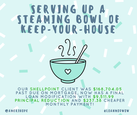 Our Shellpoint client was $168,704.05 past due on mortgage, now has a final loan modification with $9,511.99 principal reduction and $237.38 cheaper monthly payment!