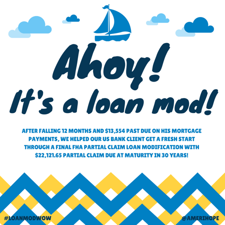 After falling 12 months and $13,554 past due on his mortgage payments, we helped our US Bank client get a fresh start through a final FHA partial claim loan modification with $22,121.65 partial claim due at maturity in 30 years!
