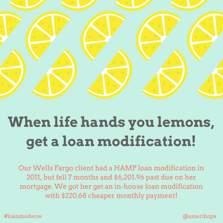 Our Wells Fargo client had a HAMP loan modification in 2011, but fell 7 months and $6,201.96 past due on her mortgage. We got her get an in-house loan modification with $220.68 cheaper monthly payment!