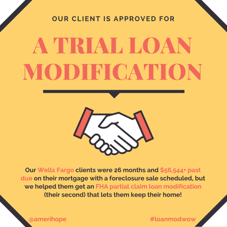 Our Wells Fargo clients were 26 months and $56,544+ past due on their mortgage with a foreclosure sale scheduled, but we helped them get an FHA partial claim loan modification (their second) that lets them keep their home!