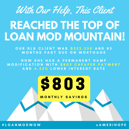 Nearly 7 years, and $322,530 past due on mortgage, our SLS client now has a final HAMP loan modification with $803 cheaper payment, $5,000 principal forgiveness, $220,617 deferred, and low 3% fixed interest rate! 