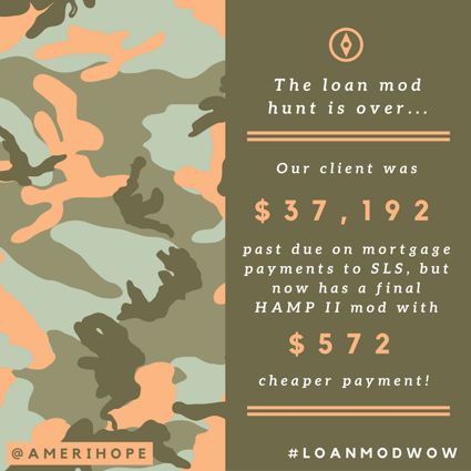 Afer falling 20 months and $37,192 past due on mortgage payments to SLS, our client was approved for a HAMP II loan modification with $572 cheaper payment.