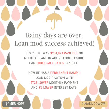 $234,020 past due on mortgage with SLS, our client was in active foreclosure and had three sale dates canceled, now has a permanent HAMP II loan modification with $735 lower monthly payment and 5% lower interest rate! 