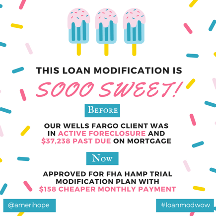 Our Wells Fargo client was $37,238 past due on mortgage following the death of her husband, but we helped her get an FHA HAMP trial loan modification with $158 cheaper payment! 