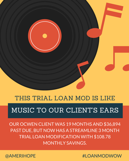 Our Ocwen client was 19 months and $36,894 past due, but now has a streamline 3 month trial loan modification with $108.78 monthly savings.