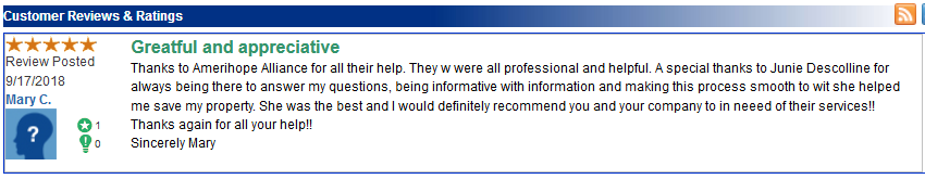 Amerihope Alliance Legal Services has helped more than 7,000 homeowners get a loan modification in the 10 years we've been in business. Many of our satisfied clients have left us reviews online. In September 2018, we received a large number of reviews (all five stars) on a site called TrustLink.