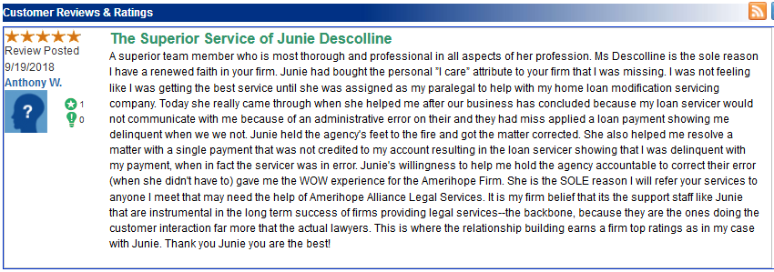 Amerihope Alliance Legal Services has helped more than 7,000 homeowners get a loan modification in the 10 years we've been in business. Many of our satisfied clients have left us reviews online. In September 2018, we received a large number of reviews (all five stars) on a site called TrustLink.