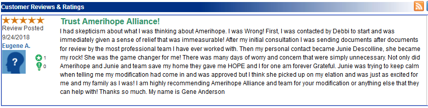 Amerihope Alliance Legal Services has helped more than 7,000 homeowners get a loan modification in the 10 years we've been in business. Many of our satisfied clients have left us reviews online. In September 2018, we received a large number of reviews (all five stars) on a site called TrustLink.