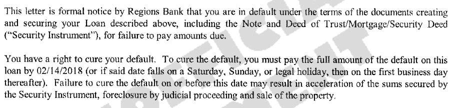 A notice of default is a letter sent to a homeowner telling them that they have not made their mortgage payments and that they need to pay for the missed payments, plus fees, in order to avoid foreclosure. The letter will call making up for the missed payments “curing the default”.